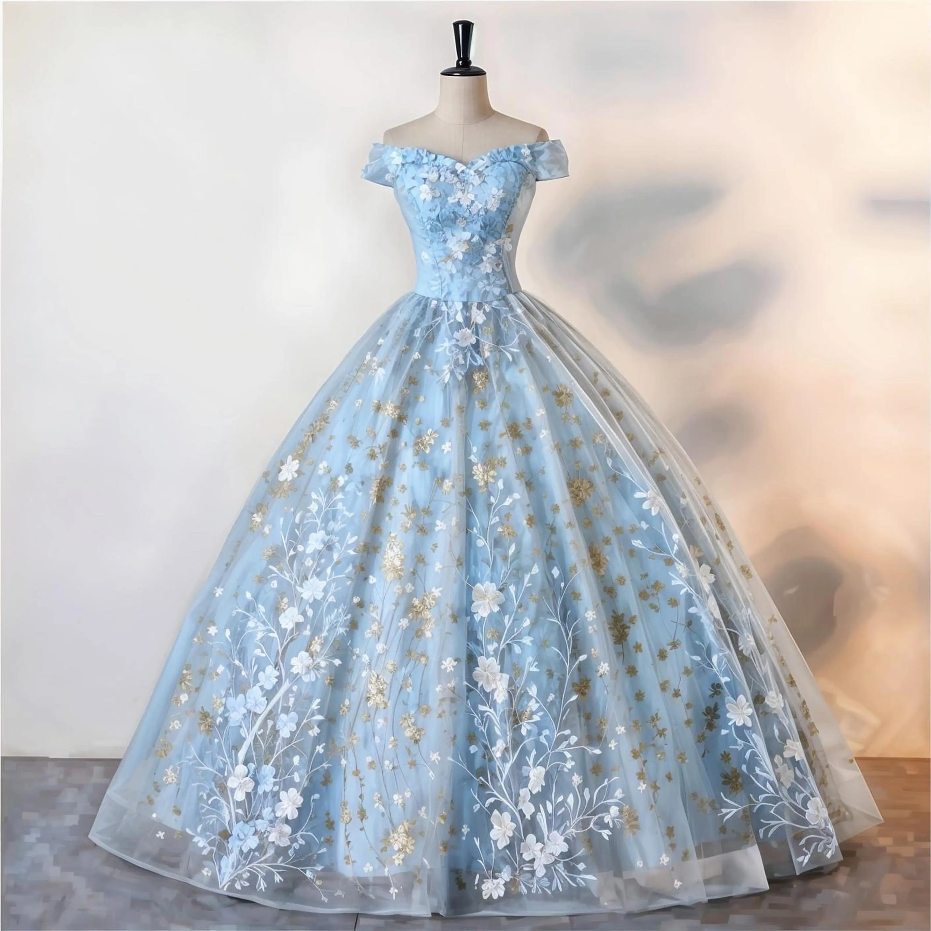 

New Luxury Evening Party Dresses Women Off The Shoulder Ball Gown Vintage Lace Quinceanera Gown Plus Size