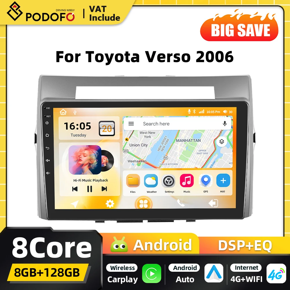 Podofo AI Voice Carplay 2DIN Android Car Radio Lettore multimediale per Toyota Verso 2006 Navigazione GPS DSP WIFI FM RDS Autoradio