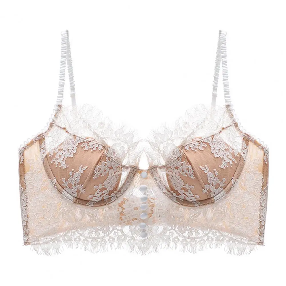 Soutien-gorge à armatures en coton mélangé pour femmes, soutien-gorge à bretelles solides, broderie en dentelle creuse, sangle réglable, col en V