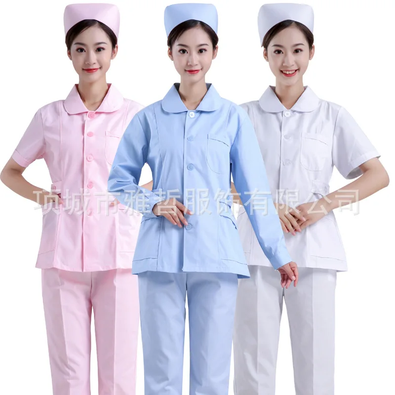 زي ممرضة نحيف بأكمام طويلة ، وردي ، أبيض ، أزرق ، بدلة منقسمة ، معطف مستشفى ، وزرة ، مختبر ، طبي ، طوق