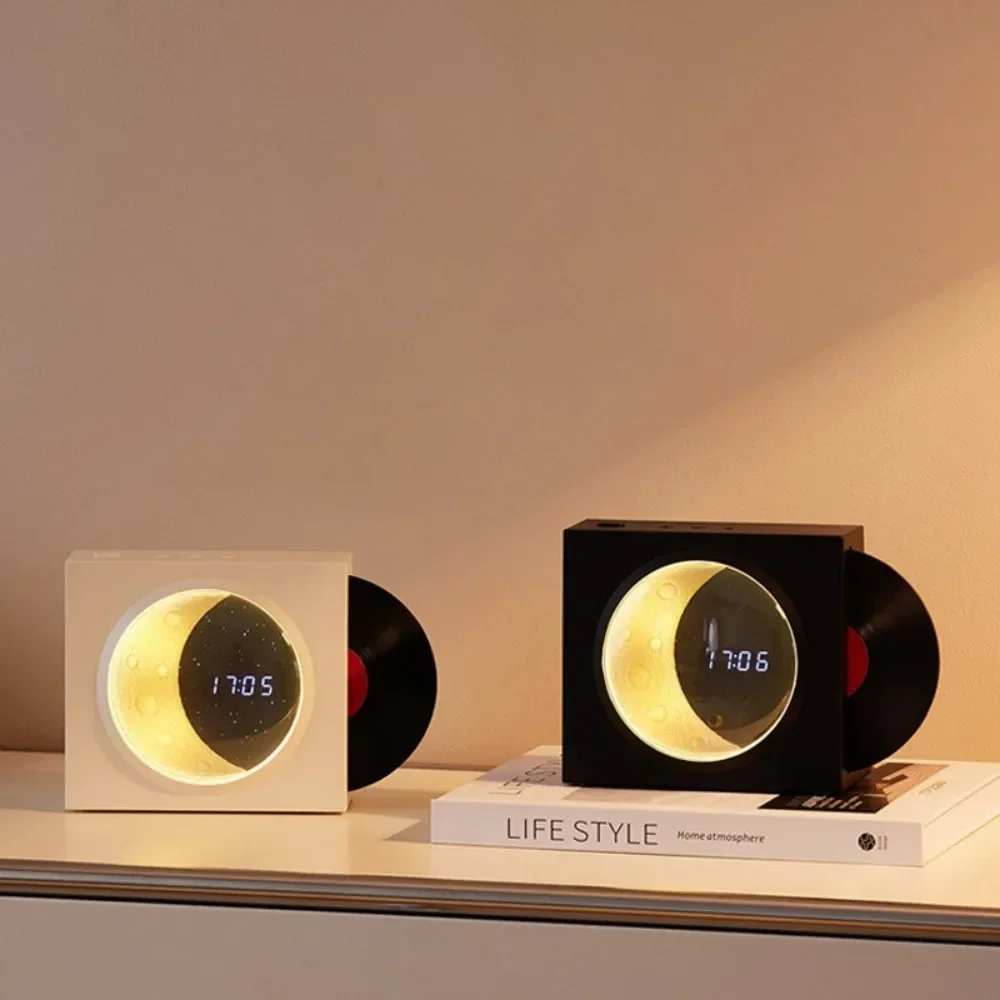 Modern Lunar Digital Clock Retro Starry Sky Vinyl Turntable Bluetooth Speaker 360° Stereo Sound TF Card Playback Wireless Audio