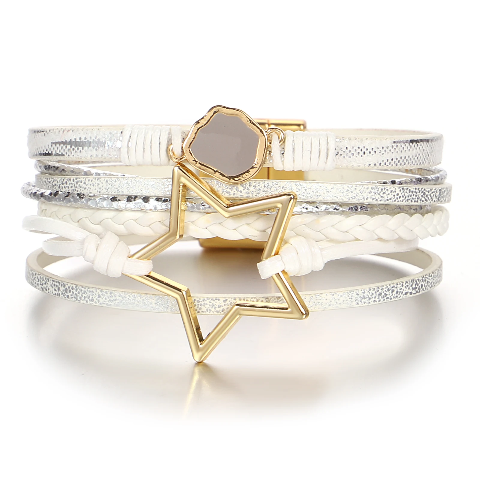 Amorcome Elegant Irregular Buckle White Leather Bracelet Women MultiLayer Stackable Braided Wrapped Bangle Fashion Jewelry Gift