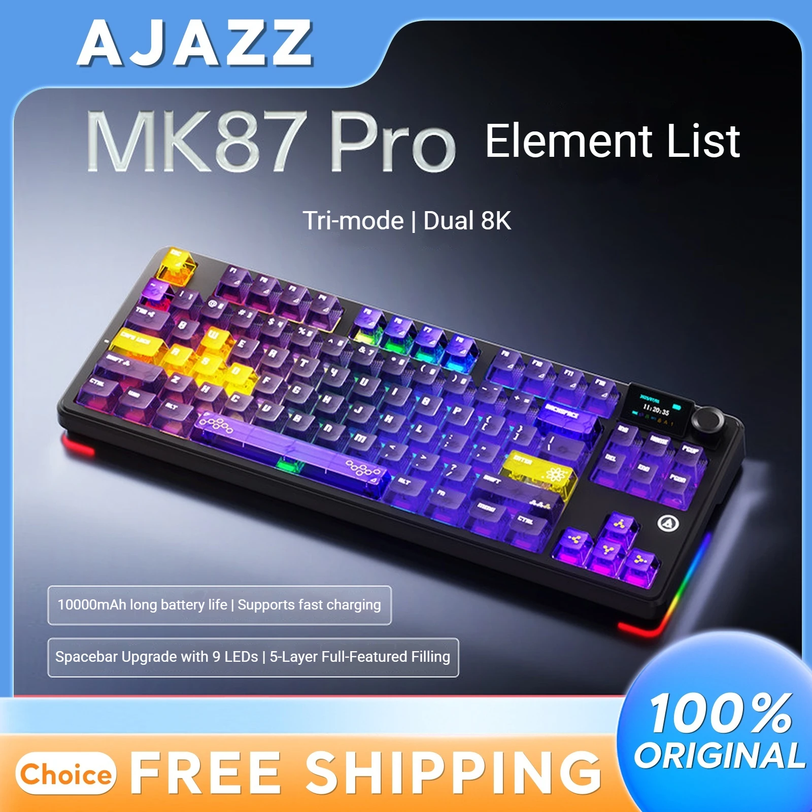 AJAZZ MK87 Pro Mechanical Keyboard Tri Mode Wired Wireless Bluetooth 8K 87 Keys 10000mAh Gasket Gaming Office Laptop TFT Screen