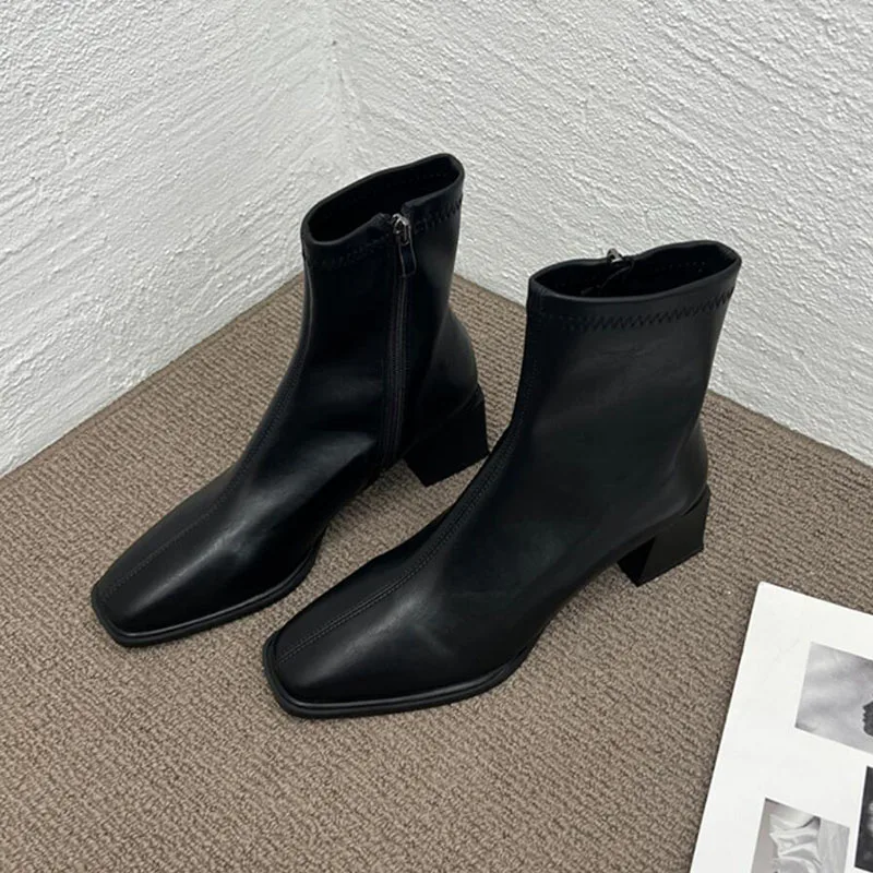 2023 Women Autumn Design Ankle Boots Ladies Fashion Square Toe Zipper Casual Chelsea Boots Soft Leather Short Boats Mujer New