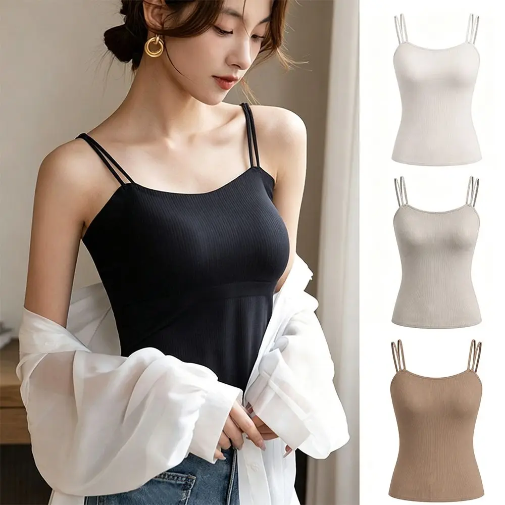 New Ice Silk Bra Vest Built-in Chest Pad Slim Fit Strap Tank Top Anti-light Breathable Women Camisole Outer Casual Wear