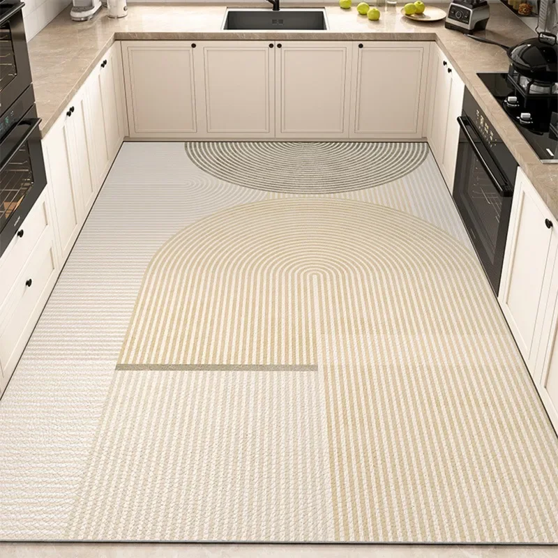 

Kitchen PVC Carpet Leather Waterproof Oil-proof Soft Foot Mat Dirt-resistant Wipeable Non-wash Non-slip Rug Beige Line Mats 주방카펫