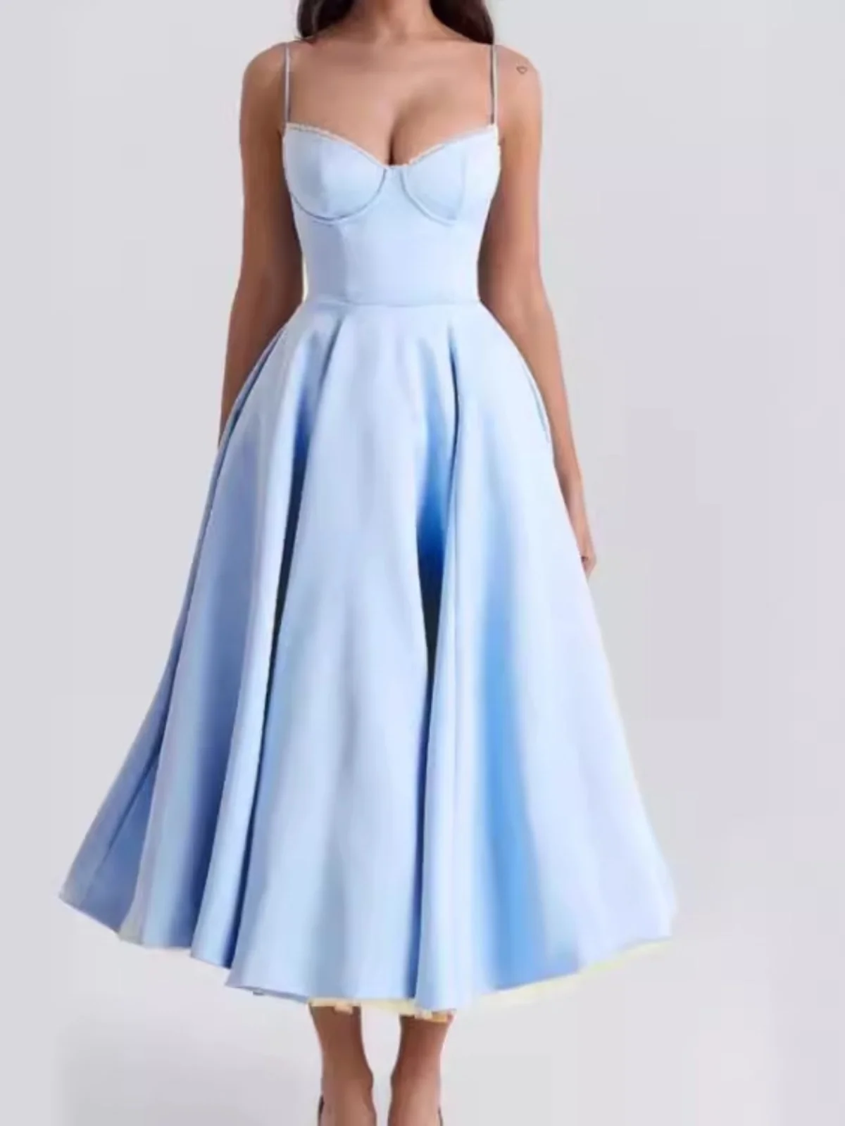 Vestido Sexy Slim de Renda com Alças Duplas Camadas Fresco e Doce Cintura Alta em Poliéster Longo Sem Mangas para Verão e Out...