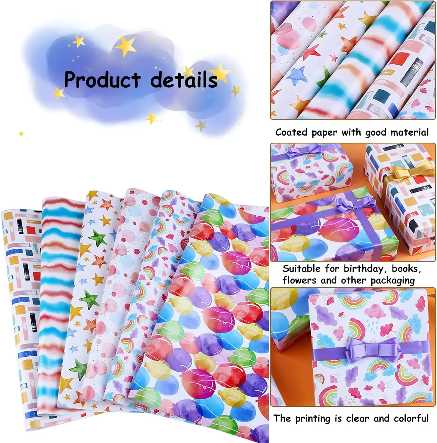 6 Sheets Gift Wrapping Paper with 2 Ribbon, Happy Birthday Gift Wrapping Paper 50 x 70cm Recyclable Gift Wrap for Girls Kids