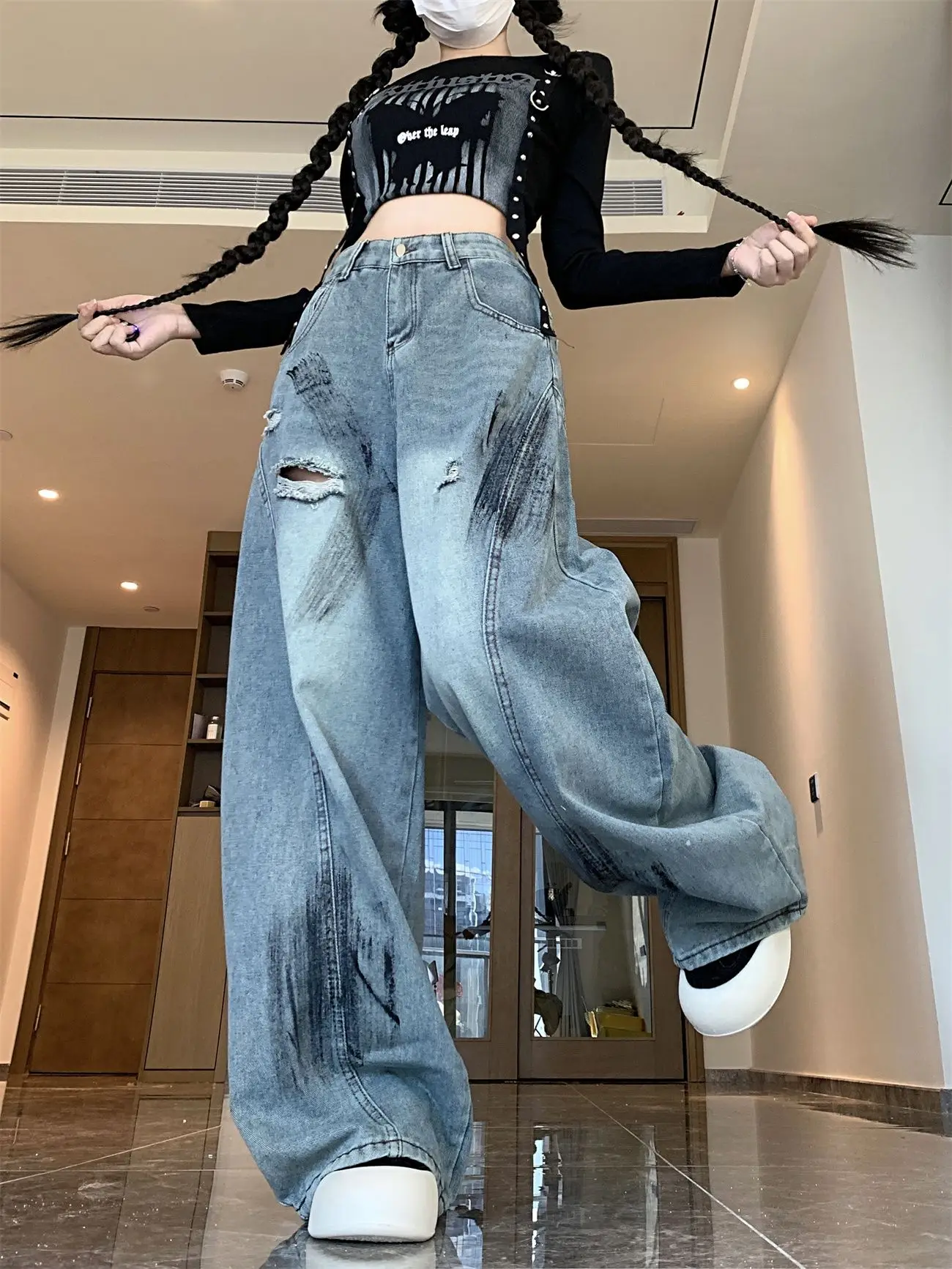 Damskie niebieskie podarte jeansy luźne casualowe lata 2000 Y2k amerykański styl uliczny gotyckie jesienne cienkie szerokie spodnie bloomersy modne jeansy