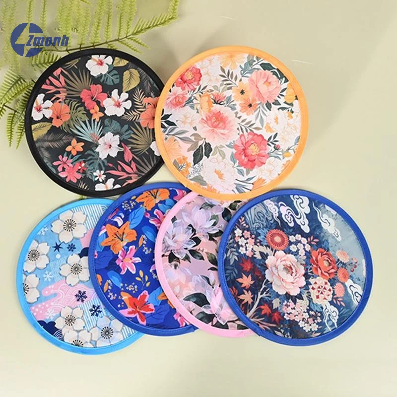 New！Mini Japanese Style Folding Fan Flower Pattern With Pocket Collapsible Fan Round Handheld Fan Outdoor Activities