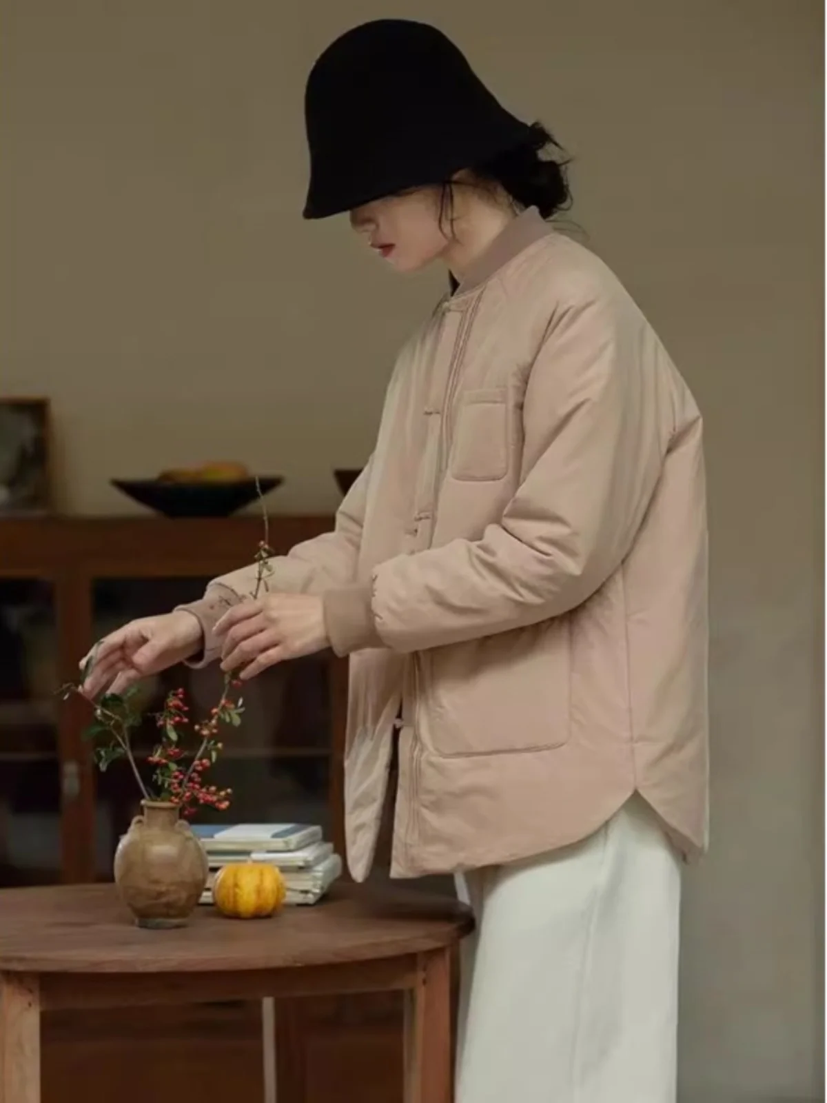 

Retro Chinese Sle Quilted Cotton Jaet Women's Warmth Filled Coat Button Front Closure Cotton Liner Stand Collar Outerwear