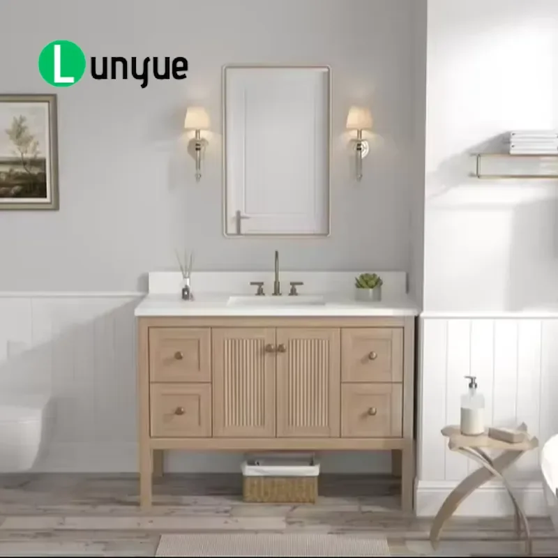 Custom Modern Light Oak Solid Wood Bathroom Vanity Cabinet 48 60 Inch Durable Quartz Countertop Floor to Floor Design