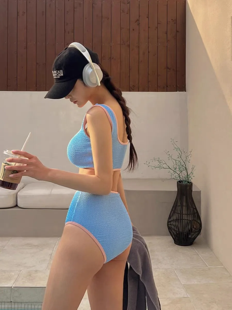Vaion Beach Two-Piece Swimsuit Pure Desire High Waist Cover-Up Texture Contrast Color Blo Bikini Women's Swimming Suit