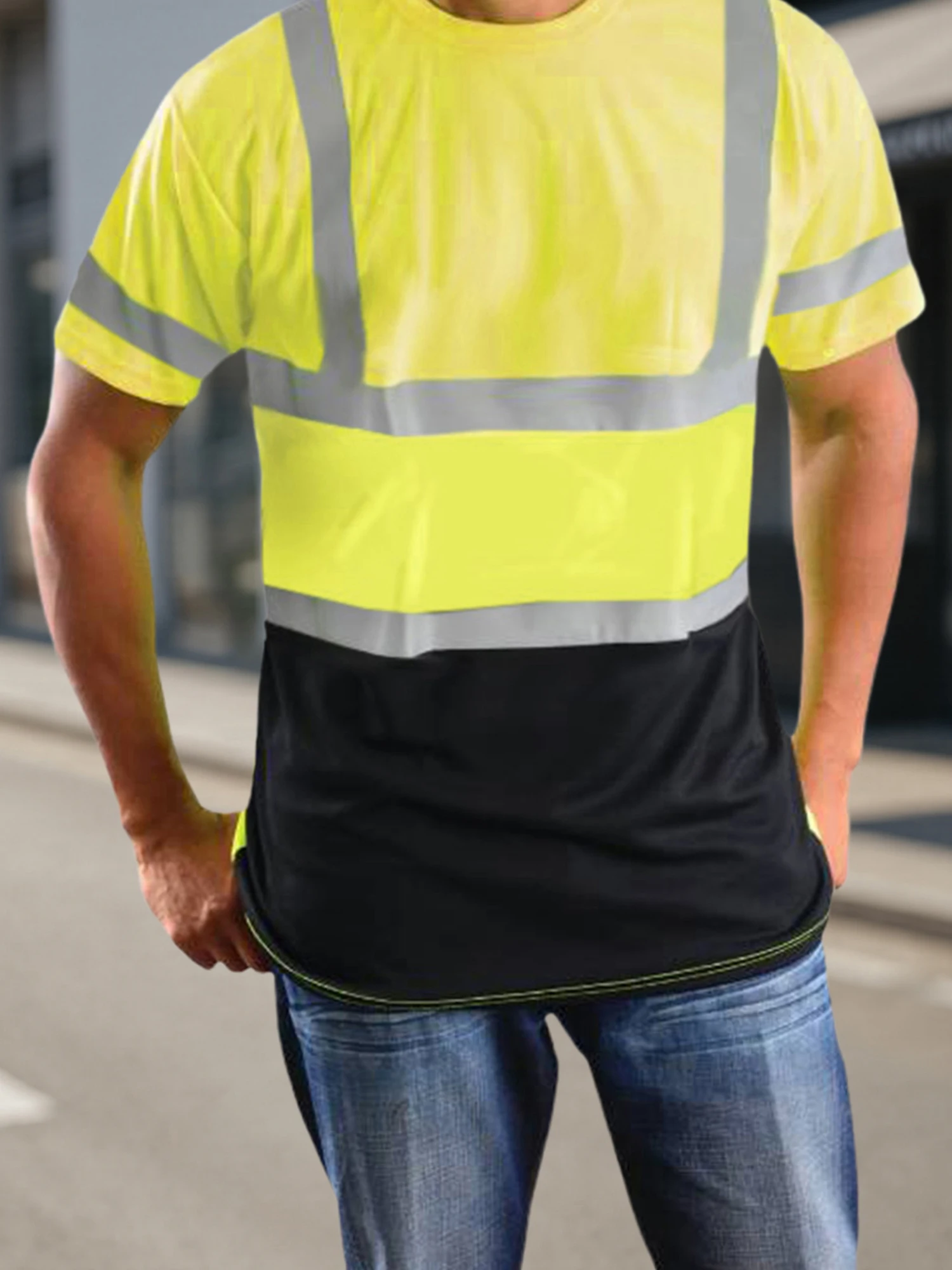 Men s Reflective Safety Short Sleeve Hi Vis Lapel T-Shirt with Pocket Round Neck Summer Top for Visibility and Comfort