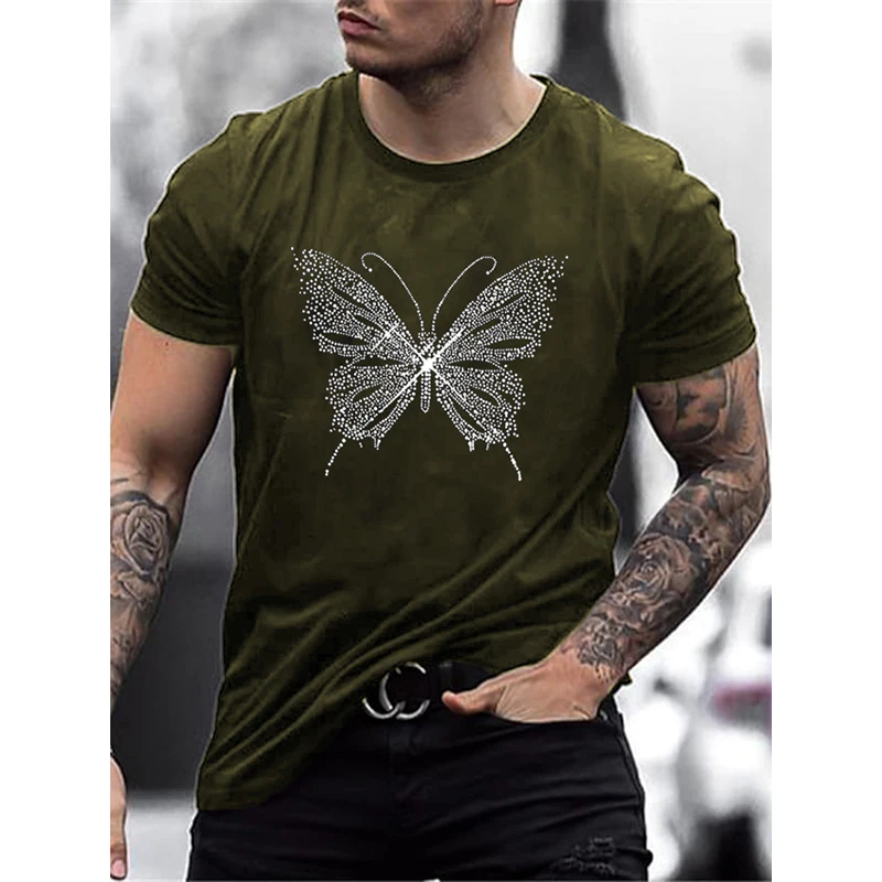 Oversized High Quality Fashion Men's T-shirt y2k Butterfly Rhinestone Designer Short Sleeve Tops Moto Casual Clothing Street Tee