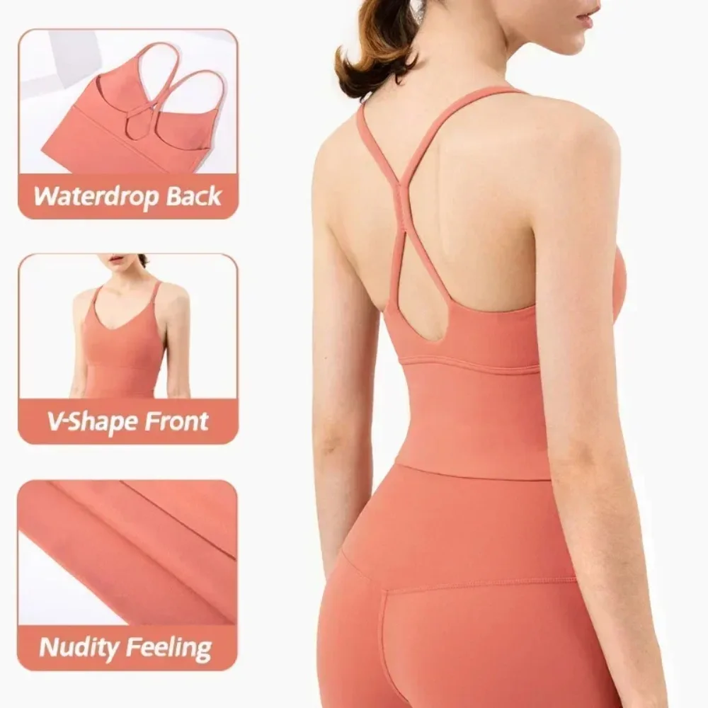 Nude Strappy Sports Bra for Women, Yoga Vest Beauty Back, Push Up Fitness Underwear for Gym Workout Running, Activewear Bra
