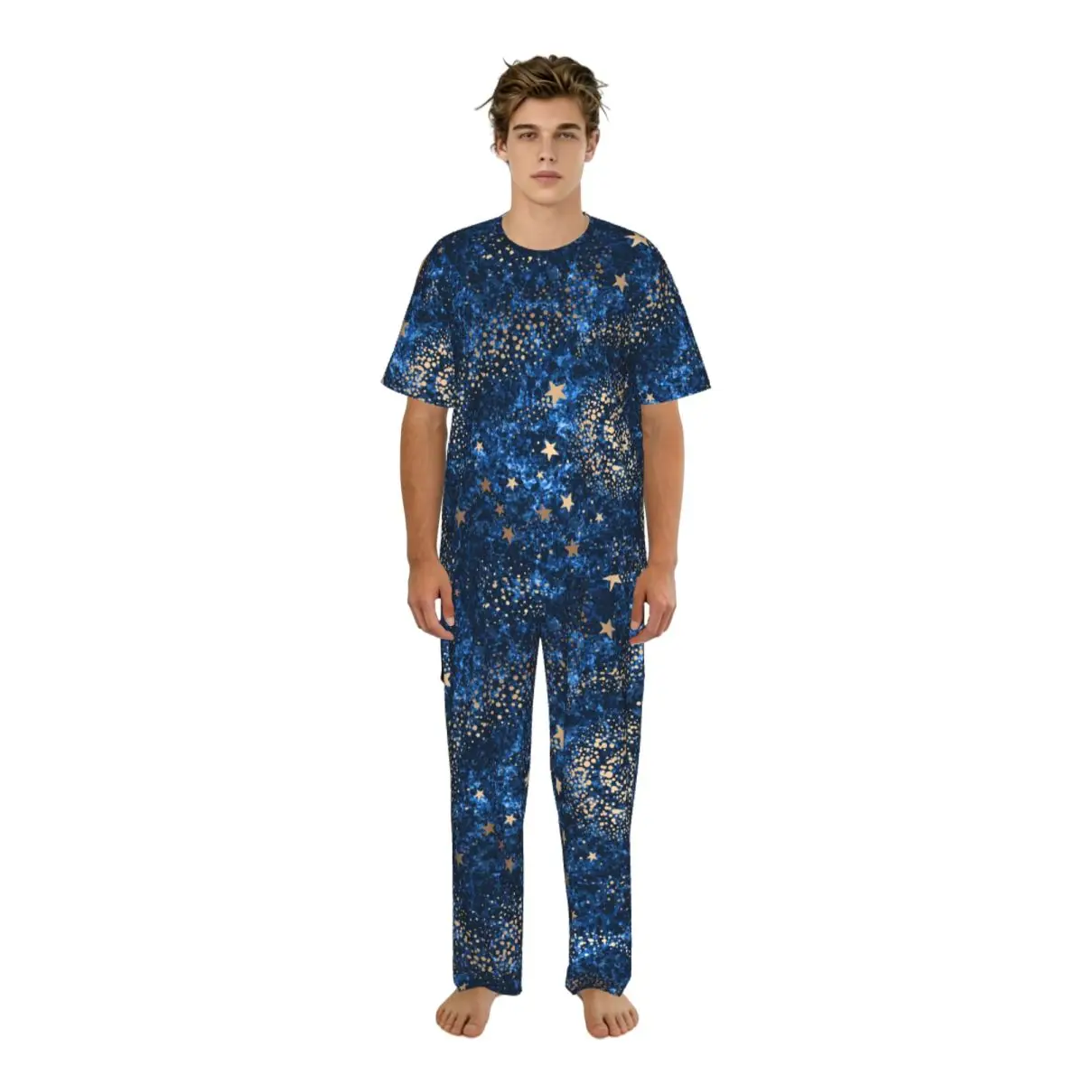 Conjuntos de pijamas informales para hombre, conjuntos de pantalones y manga corta, ropa de dormir para hombre, ropa para el hogar con constelaciones y estrellas de Nebulosa dorada