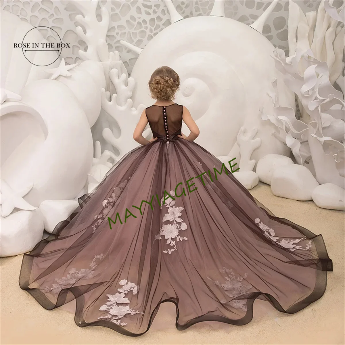 Black Tulle Princess Flower Girl Dresses For Wedding 2024 Elegant Applique Button Back Pageant Ball Gown For Photoshoot Birthday