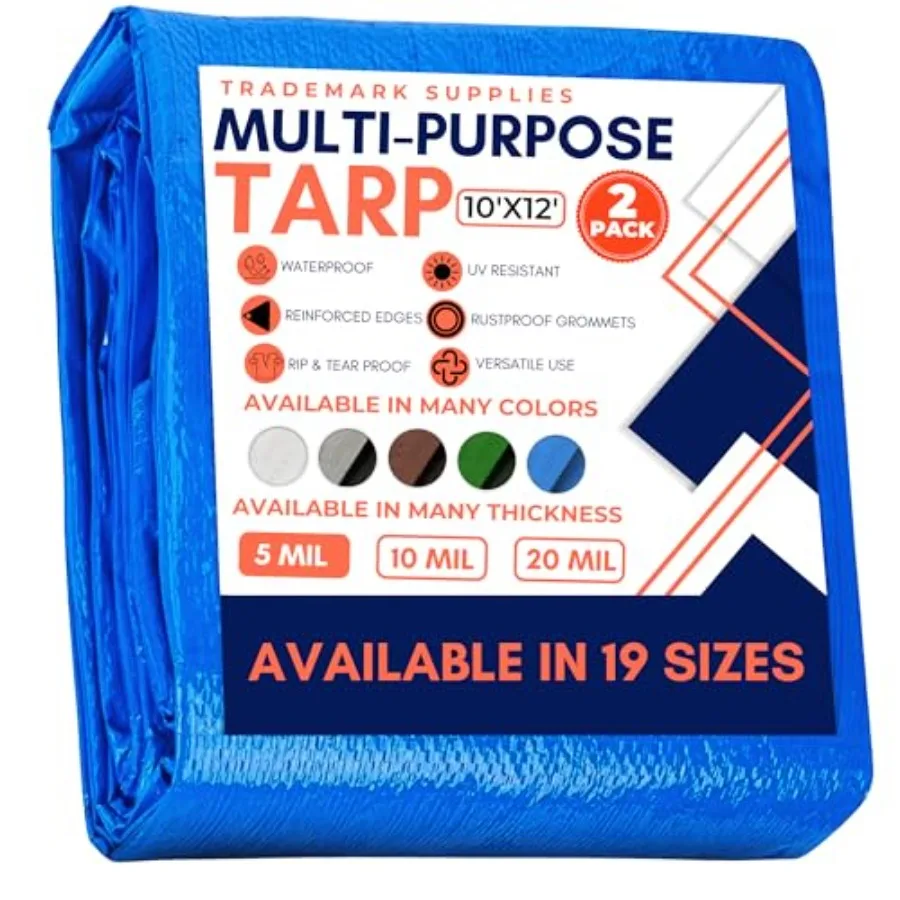 

Tarp Cover Blue, 2-Pack Heavy Duty Waterproof, Great for Tarpaulin Canopy Tent, Boat, RV Or Pool Cover!!! 10X12, Heavy Duty