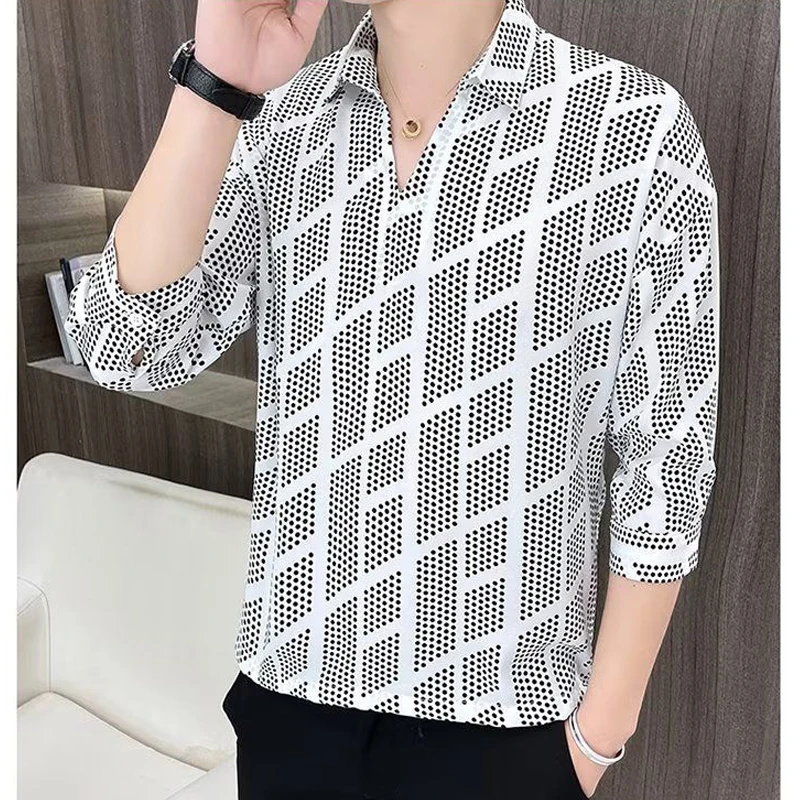 Men\'s Clothing Korean Fashion Print Business Casual Lapel Shirt Summer Three Quarter Sleeve Slim Ice Silk Tops Camisas De Hombre