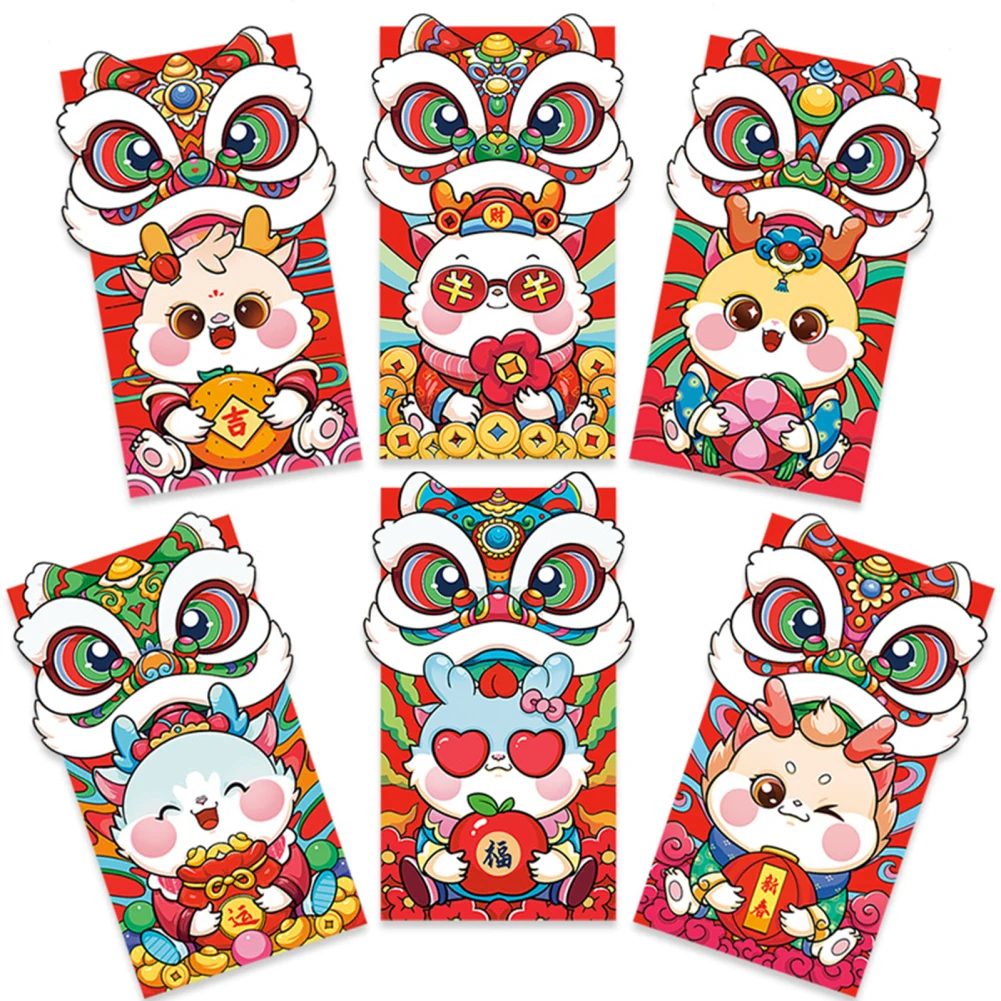 Ano novo chinês Envelopes vermelhos, ano do dragão, desenhos animados 3D, Envelopes de bolso vermelho, saco de dinheiro para festa, festival da primavera, 6pcs