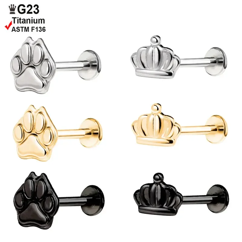 

G23 Titanium 16G Piercing ear tunnel Bear Paw Mini Crown Labret Cartilage Stud Earring Helix Conch Tragus Flat Back Ear Piercing