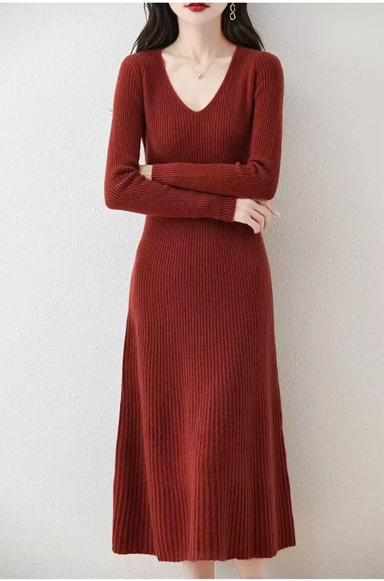 Vestido de punto con cuello en V para mujer, longitud media hasta la pantorrilla, estilo tubo ajustado, ropa de oficina elegante, diseño de jersey de manga larga para Otoño e Invierno