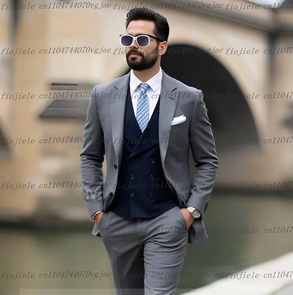 

New Grey And Navy Blue Men Suit Formal Wedding Party Groom Business Male Tuxedos Customized 3 Piece Set Jacket Vest Pants