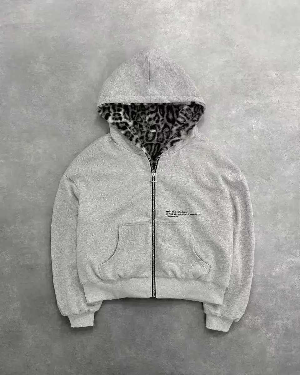 Retro Fashion Leopard Print Hoodietwo Sides Wearing Loose Zipper Men Trend Punk Casual Oversized Sweatshirts Women