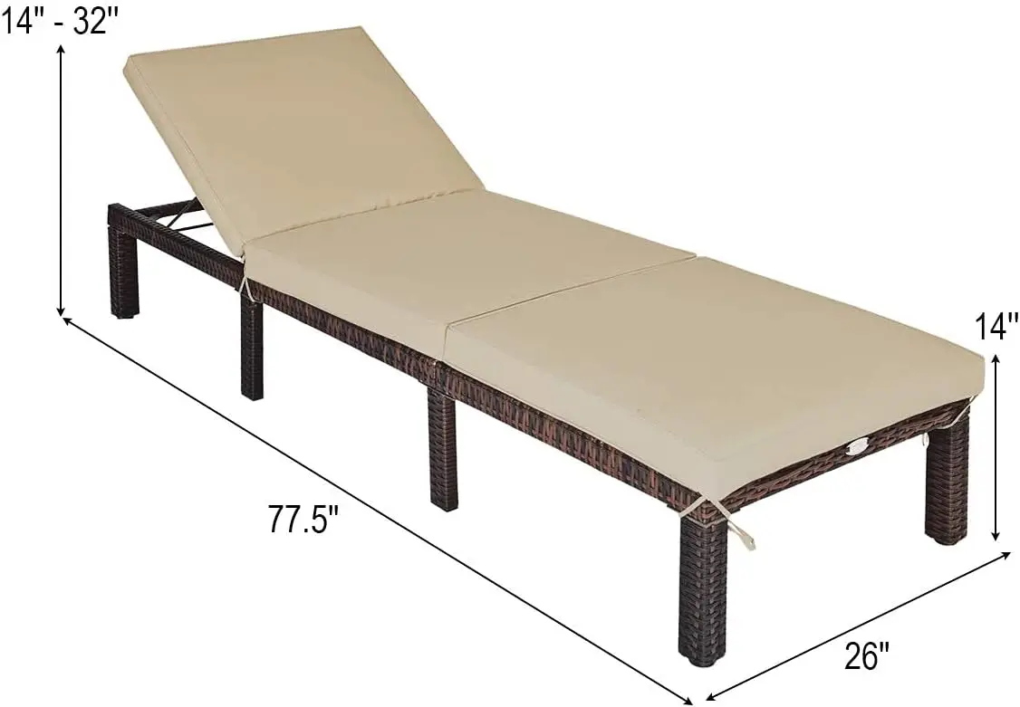 Rattan Wicker Chaise Lounge Chair, Outdoor Patio Lounger Recliner Chair w/Adjustable Backrest, Heavy-Duty Reclining Cha