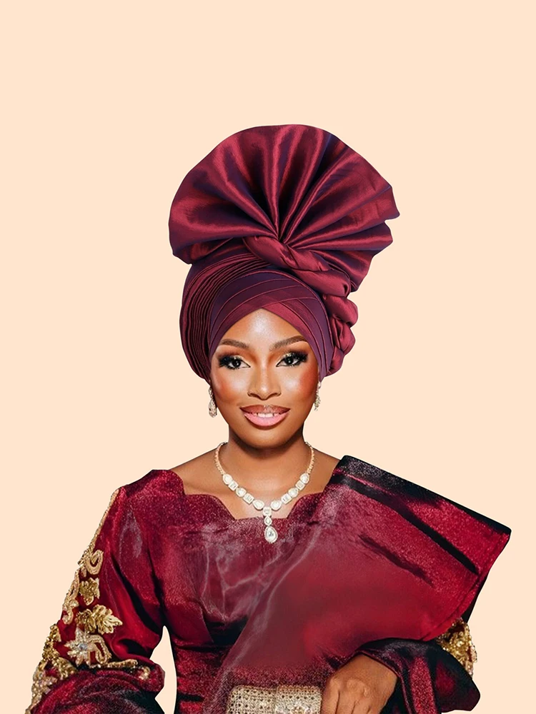 Hot African Female Turban Cap women\'s Autogele Headtie Nigeria Raw Silk Fan Gele Wedding Party Head Wraps Headwear Turbante