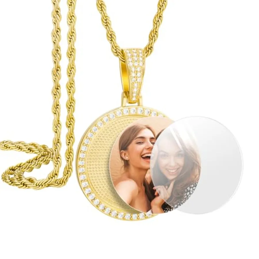 YIMERAIRE Collar con Foto Personalizada, Chapado en Oro de 18k, Negro/Dorado/Plateado, Cadena Circular Personalizada, Colgante Tipo Placa de Identificación para Perro con Foto, CZ Zi