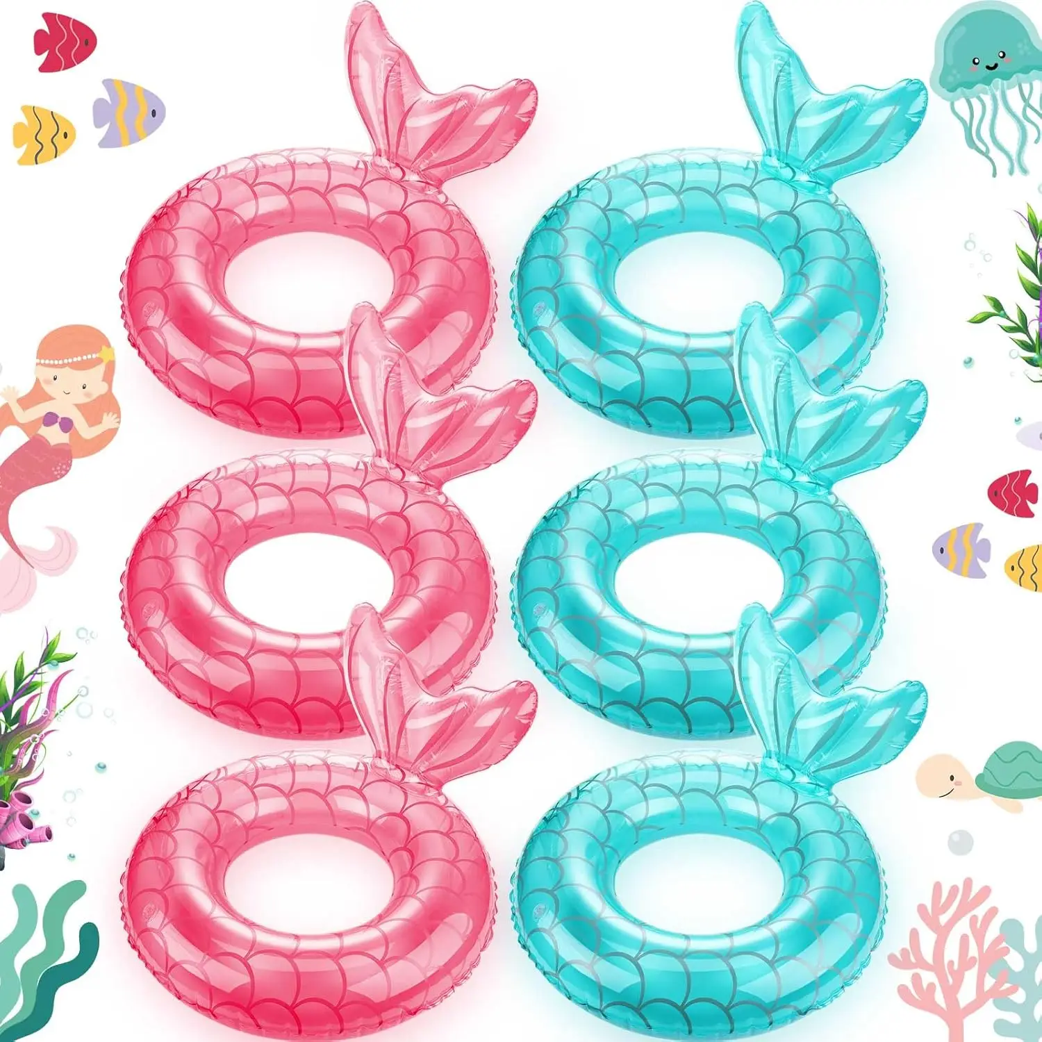 6 Pcs Mermaid Tail Pool Floaties Inflatable Swim Float Mermaid Pool Ring 30 Inch Inflatable Ring Floatie Summer Beach Pool Float
