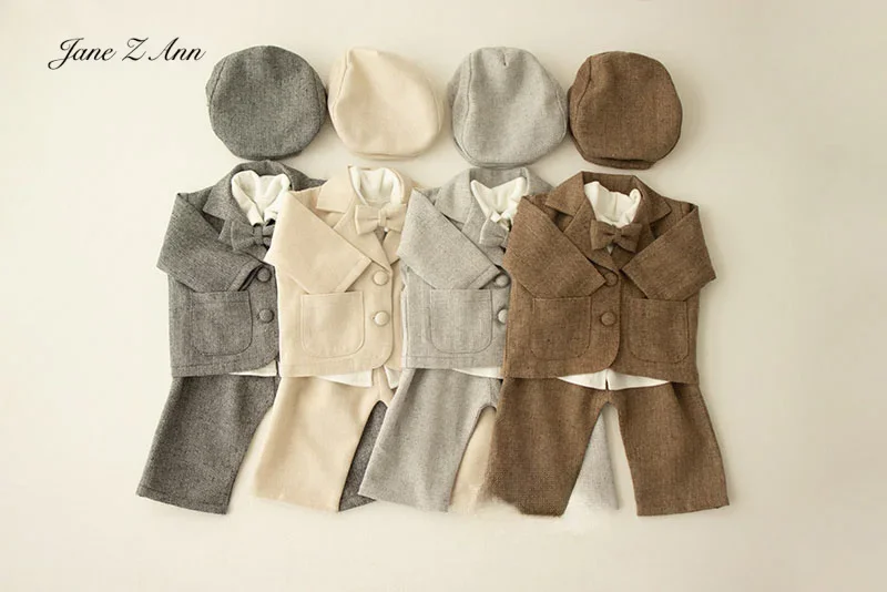 British style suit bow tie shirt  cap doll classic texture pattern newborn photography studio clothing set