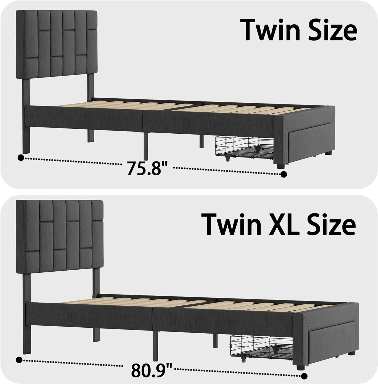 Twin/Twin Xl Bedframe Met Lade Onder Het Bed, Platform Gestoffeerd Bed Met Hoofdeinde, Geen Boxspring Nodig/Ruisvrij