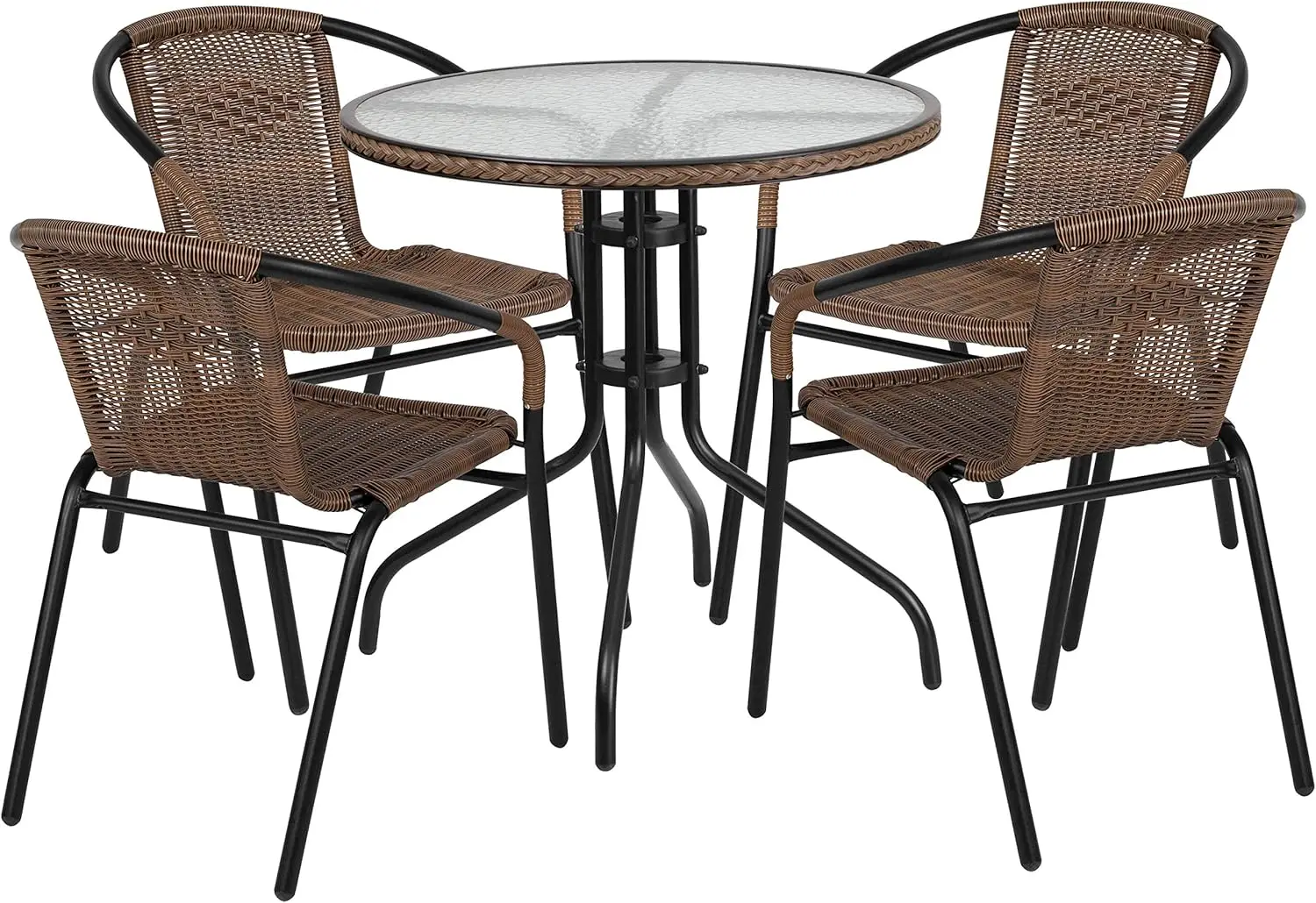 28 ''Ronde Glazen Metalen Tafel Met Donkerbruine Rotan Rand En 4 Donkerbruine Rotan Stapel Stoelen Cafétafel