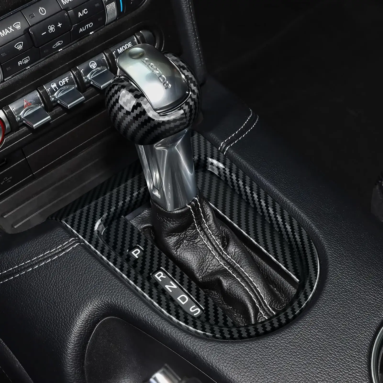 Carbon Fiber Gear Shift Knob Cover Trim for Ford Mustang 2015-2021, ABS Carbon Fiber Pattern Shift Lever Knob Protector, 2PCS In