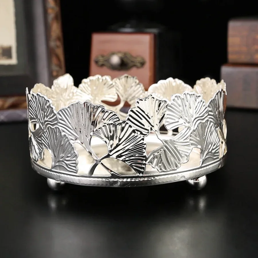 European Luxury Metal round Small Tray with Ginkgo Leaves Design Modern Glam Home Decor Coffee Table Cake Serving Tray