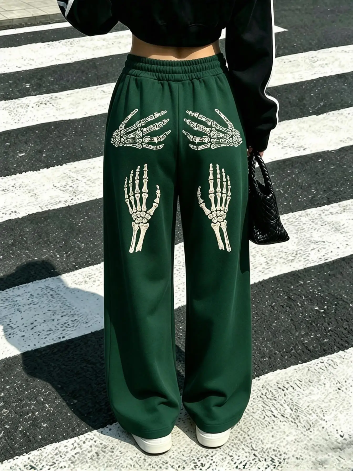 ：Ladies Gothic Wide Leg Sweatpants, Skeleton Bone Hand Graphic Print Loose Hip Hop Street Pants