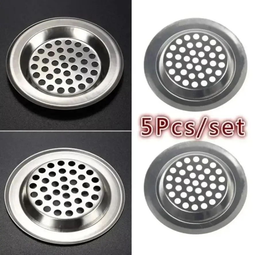 5Pcs Round Steel Mesh Sink Strainer Kitchen Bathroom Sink Drain Filter Pool Trap Anti-Clogging Drain Screen Filter Accessories