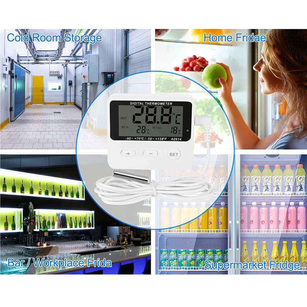 Digital Refrigerator Thermometer Freezer Thermometer Aquarium Water Tank Meter High Low Temperature Alarm with Extranal Sensor