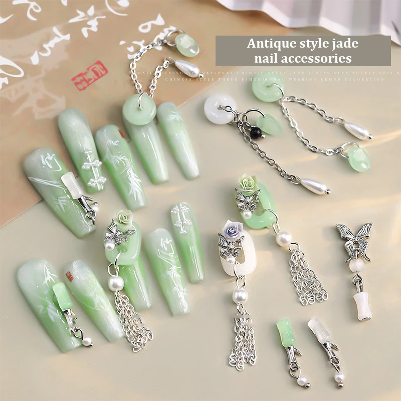 2 Stück chinesische Art antike Jade Retro alte weiße grüne Friedens schnalle Nail Art Dekorationen Glas Maniküre Zubehör