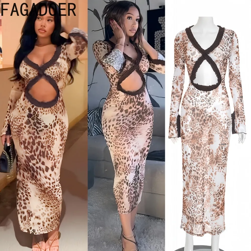 

FAGADOER Mesh Leopard Print Bodycon Dresses for Woman Hollow-out Deep V-neck Long Sleeves Dress Female Party Clubwear Vestidos