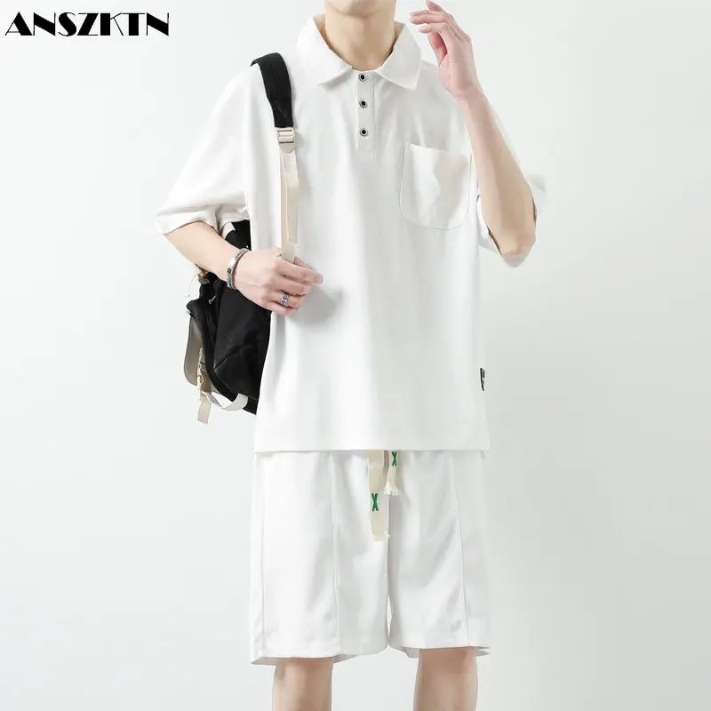 ANZKTN Summer new short-sleeved men's ice silk POLO shirt off shoulder loose short-sleeved recreational sports shorts suit