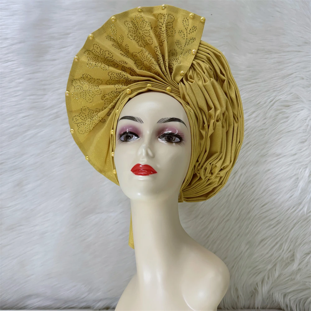 African Gele Headtie Gold Aso Oke Gele With Beads And Stones Auto Gele Aso Ebi Headtie Turban Cap For Women Nigerian