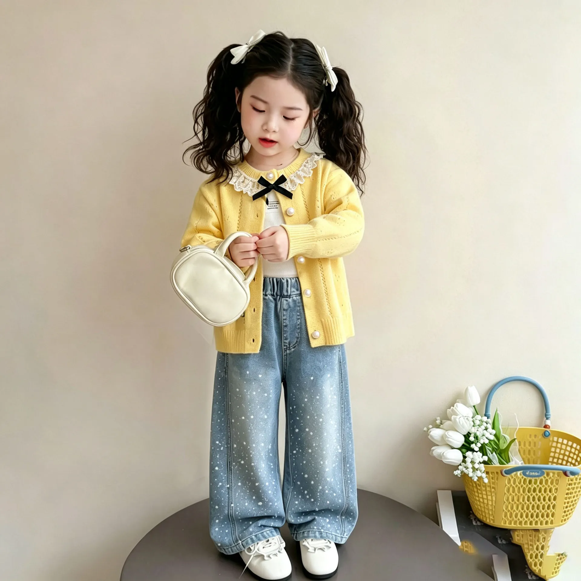 Neues Frühlingsoutfit für Mädchen: Gestrickter Kinder-Cardigan mit Spitzenkragen für Babymädchen – Detail 2
