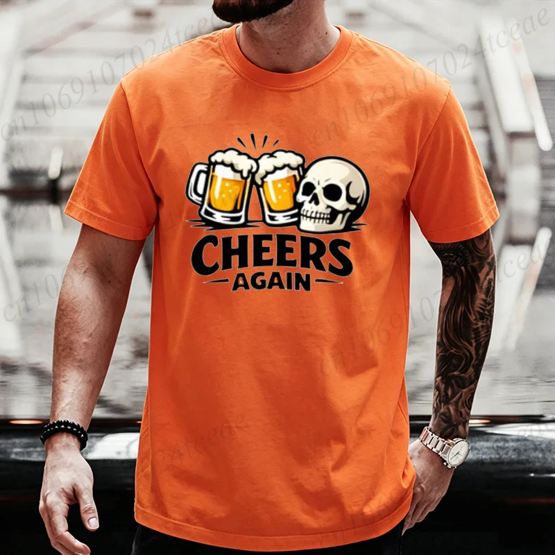 Vintage T-Shirts Gothic Skeleton Drink Beer Men Tee Shirts Funny Cheers Again Beer Quotes Punk Rock Style Loose Fit T-shirts