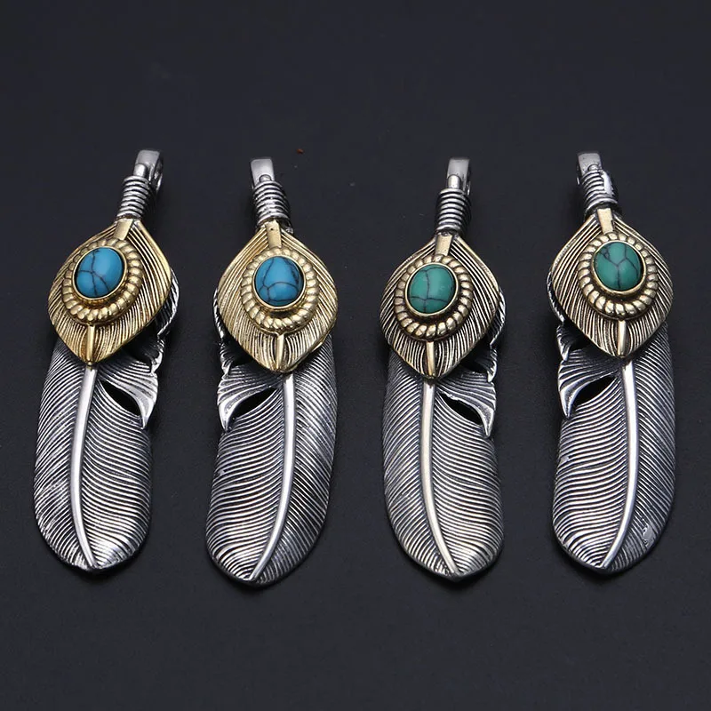 Manufacturer wholeSale S925 Sterling Silver claSSic retro thai Silver eagle feather inlaid turquoiSe pendant couple pendant