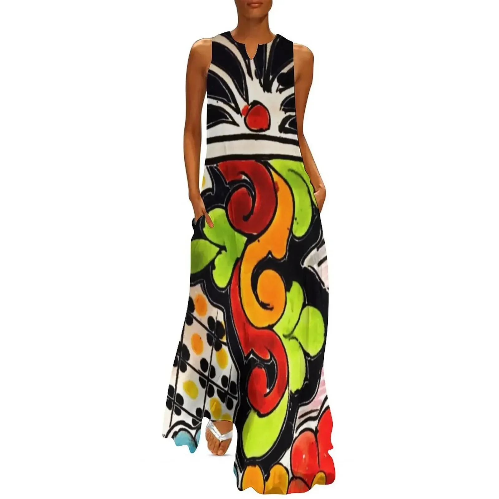 

Beautiful Green with Red Scroll Talavera Long Dress ladies dresses for women 2025 summer dresses ladies 2025 Dress