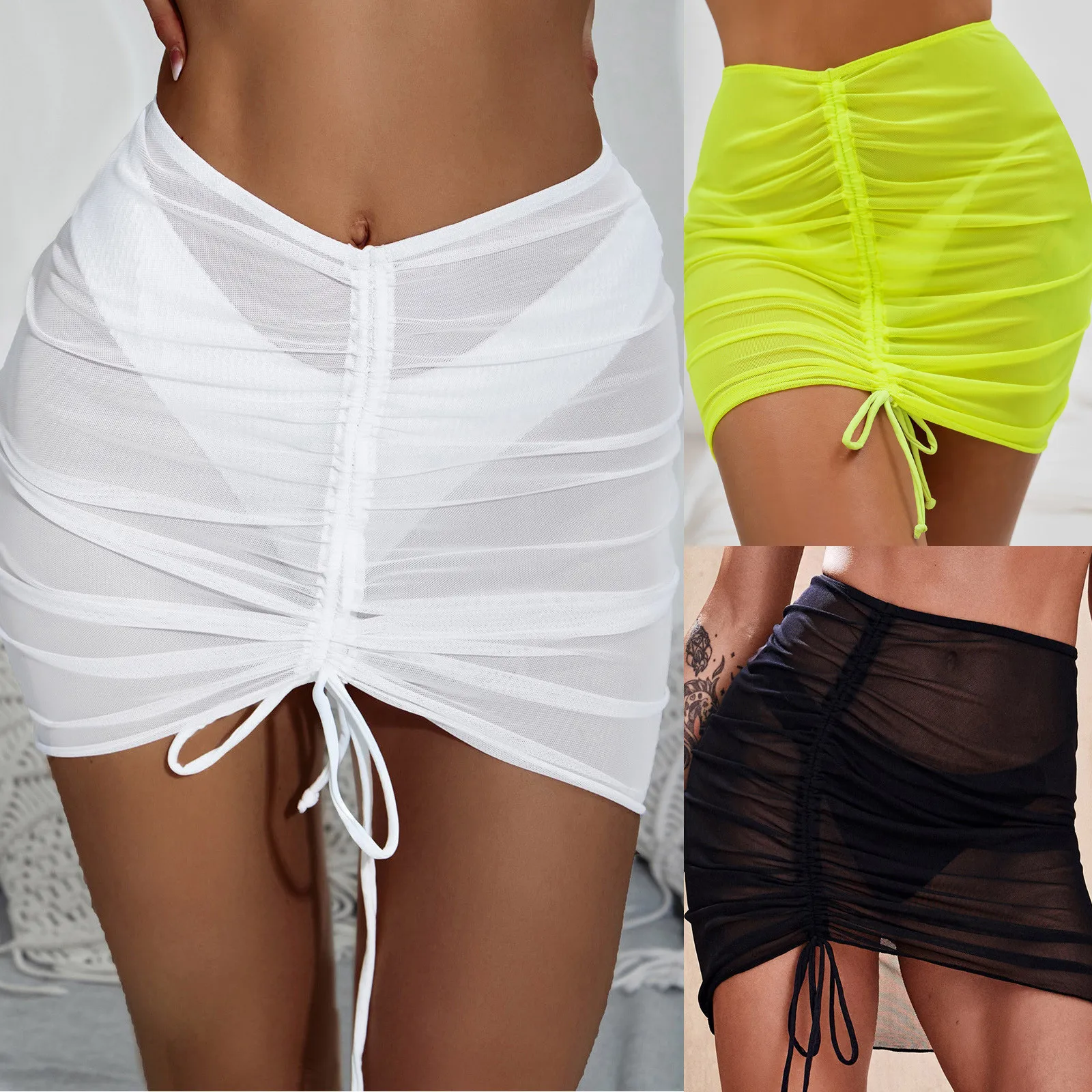 

Sexy Style Women Solid Pareo Beach Bikini Cover Up Wrap Skirt Sarong Beachwear Mesh Drawstring Cover Up Skirt Dropshipping